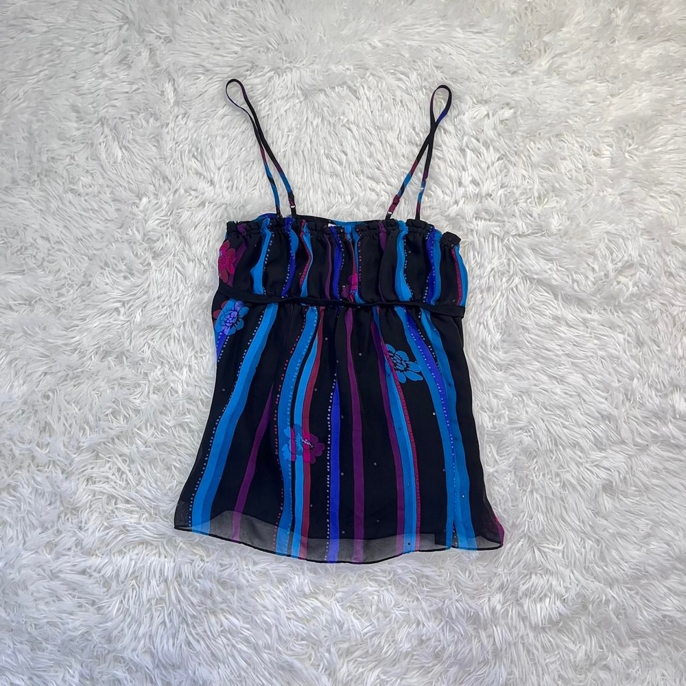 y2k black, blue & purple striped sequin floral baby doll mesh tank top small